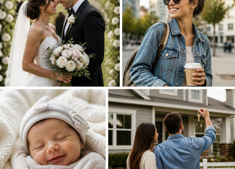 A collage featuring a couple and their baby, showcasing joyful moments and family bonding in various settings.